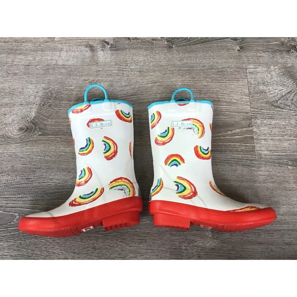 L.L. Bean Girls Youth Rainbow Non-Slip Rain Boots Size 13 Red White Multicolor